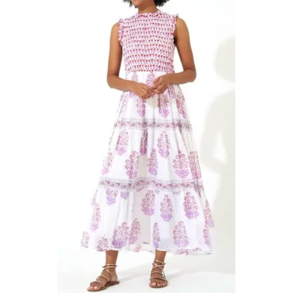 OLIPHANT Tuckernuck Sleeveless Smocked Ruffle Maxi Dress Pink Block Print M